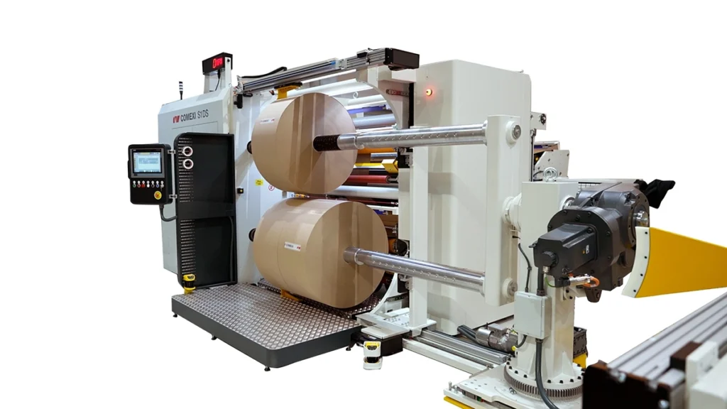 Comexi S1DS slitter rewinder with double-shaft turret winding flexible packaging film