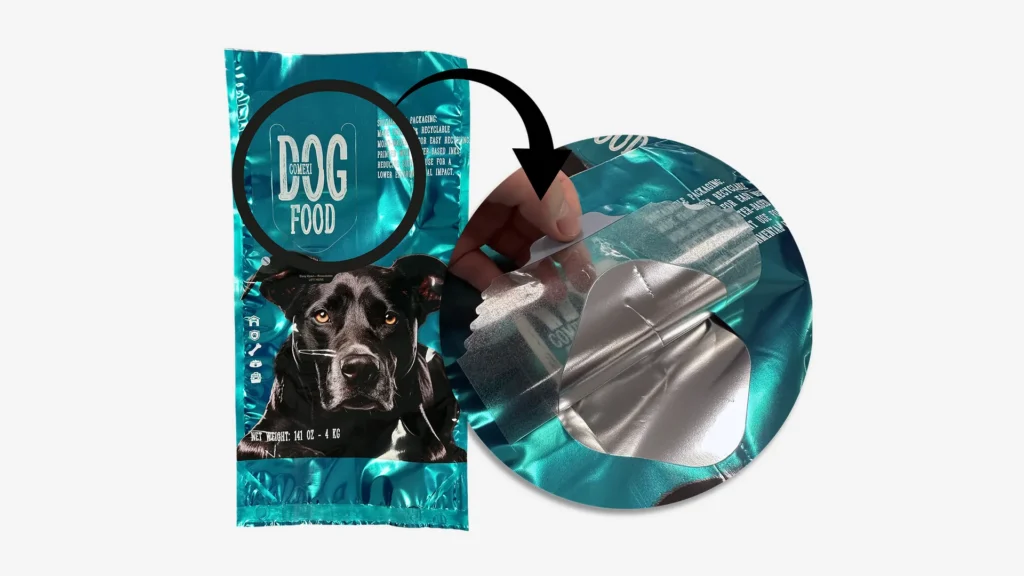 Laser easy open feature with resealable label on a mono-material pet food pouch for recyclable flexible packaging