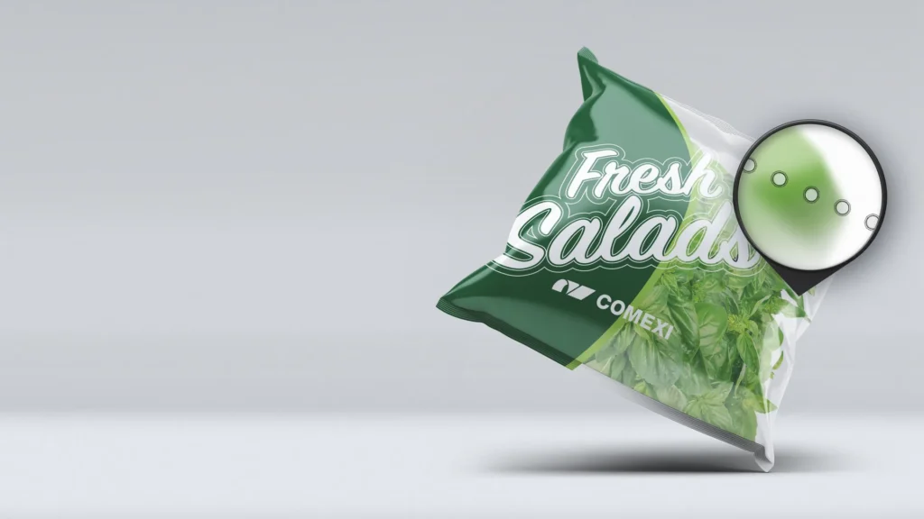 Laser micro-perforation detail on a fresh salad bag for breathable Modified Atmosphere Packaging (MAP)