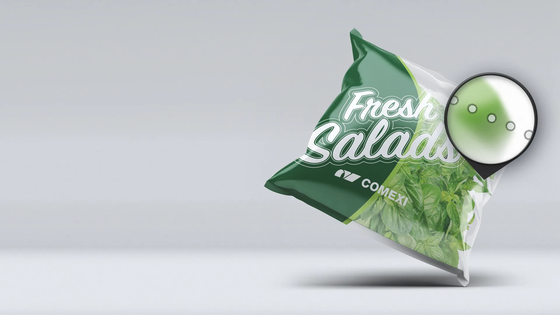 Laser micro-perforation detail on a fresh salad bag for breathable Modified Atmosphere Packaging (MAP)